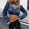 The Best Women Square Neck Crop Tops Ladies Casual Long Sleeve Stretch Shirt Autumn Holiday Blouse Tee shirt Online - Hplify