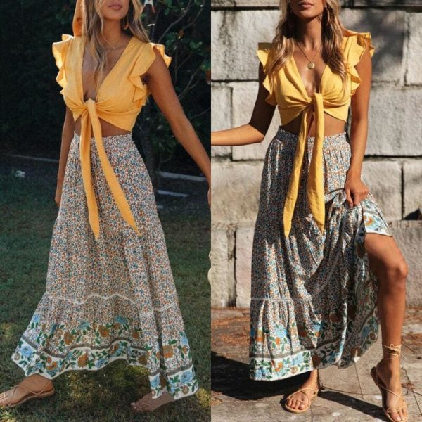 The Best Women Stretch High Waist Floral Print Long Skirt Maxi Beach Casual Boho Polyester Ankle-length Skirt Online - Hplify