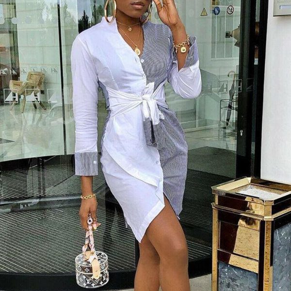 The Best Women Stripe Patchwork Short Party Dress Summer Autumn Holiday Sundress Office Lady Casual Dresses Online - Hplify