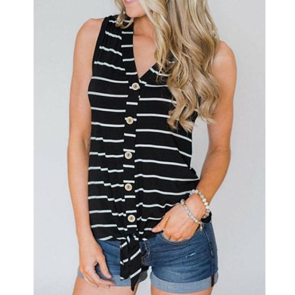 The Best Women Stripe T-Shirt V-Neck Sleeveless Summer Casual Loose Tops Casual T-Shirts Online - Hplify