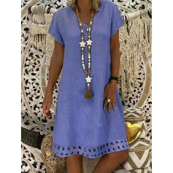 The Best Women Summer Boho Short Sleeve Dress Solid V Neck Beach Loose Tops Dresses Online - Hplify