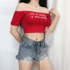 The Best Women Summer Casual Off Shoulder Crop Top Vest Fashion Sexy Slash Neck Letter Beach Short Slim Tee T-shirts Online - Hplify