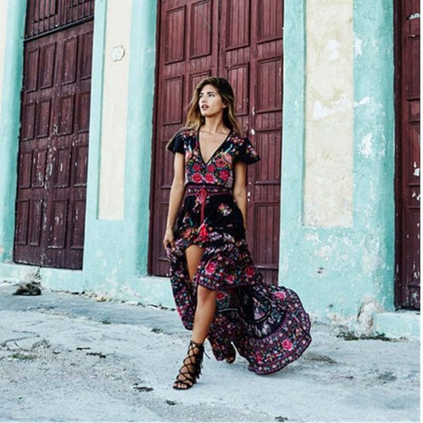 The Best Women Summer V Neck Vintage Boho Long Maxi Floral National Chiffon Dress Party Beach Dress Floral Sundress Online - Hplify