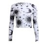 The Best Women Sun Moon Printed See Through Transparent Mesh Crop Tops Black White Long Sleeve Sheer Slim Ladies Round Neck T-Shirt Online - Hplify