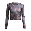 The Best Women Sun Moon Printed See Through Transparent Mesh Crop Tops Black White Long Sleeve Sheer Slim Ladies Round Neck T-Shirt Online - Hplify