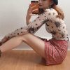 The Best Women Sun Moon Printed See Through Transparent Mesh Crop Tops Black White Long Sleeve Sheer Slim Ladies Round Neck T-Shirt Online - Hplify