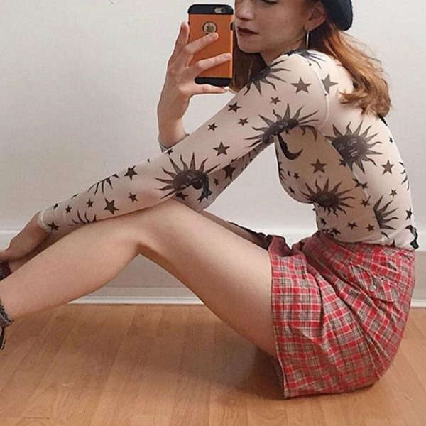 The Best Women Sun Moon Printed See Through Transparent Mesh Crop Tops Black White Long Sleeve Sheer Slim Ladies Round Neck T-Shirt Online - Hplify