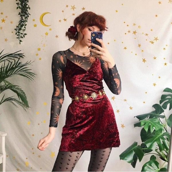 The Best Women Sun Moon Printed See Through Transparent Mesh Crop Tops Black White Long Sleeve Sheer Slim Ladies Round Neck T-Shirt Online - Hplify