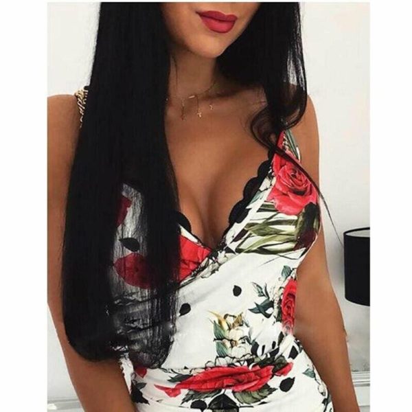 The Best Women's Asymmetric Bodycon Dress Floral Ladies Casual Sleeveless V Neck Holiday Summer Party Slim Mini Dress Online - Hplify