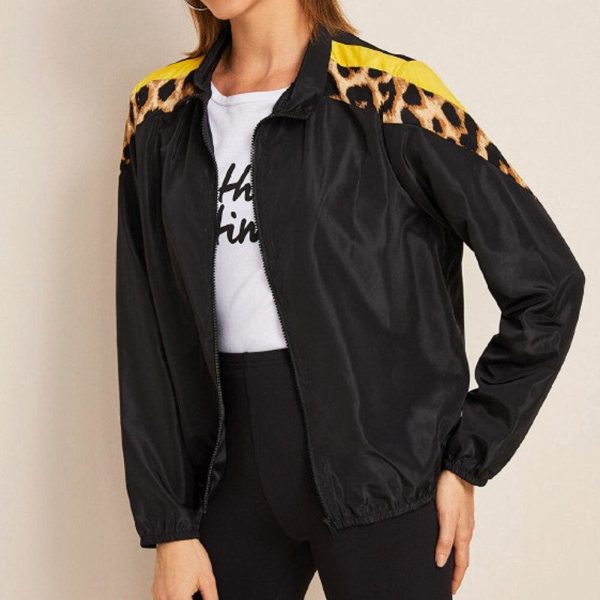 The Best Women's Autumn Leopard Stitching Top Casual Loose Zip Up Bomber Jacket Biker Coat Sport Tops Windbreaker Zipper Hooded Coat Online - Hplify
