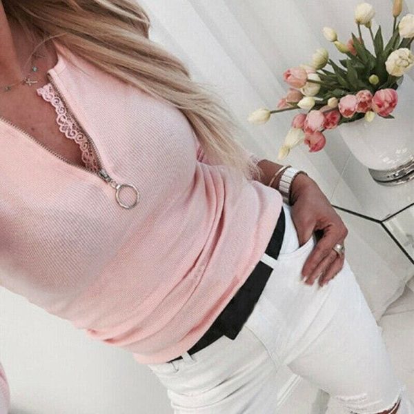 The Best Women's Autumn Pullover Blouse 2019 Fashion Ladies Long Sleeve Slim Tee Shirt Tops Zipper V Neck Shirt Streetwear Online - Hplify