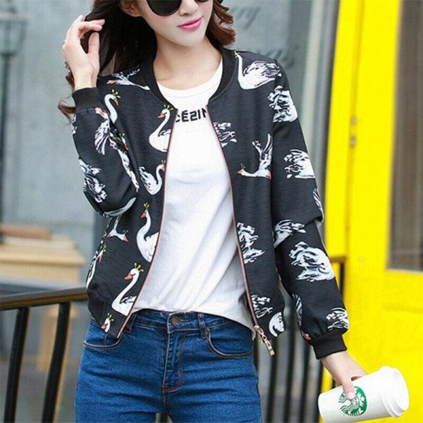 The Best Women's Autumn Winter Bomber Jacket Classic New Fashion Ladies Casual Zip Up Biker Floral Coats Black Women Clothes Online - Hplify