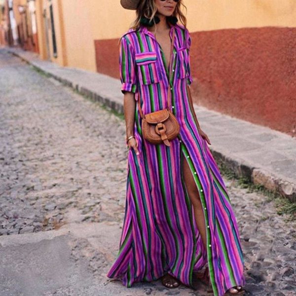 The Best Women's Boho Beach Summer Holiday Maxi Dress Elegant Ladies Holiday Party Colours Rainbow Striped Sundress Streetwear Plus Size Online - Hplify