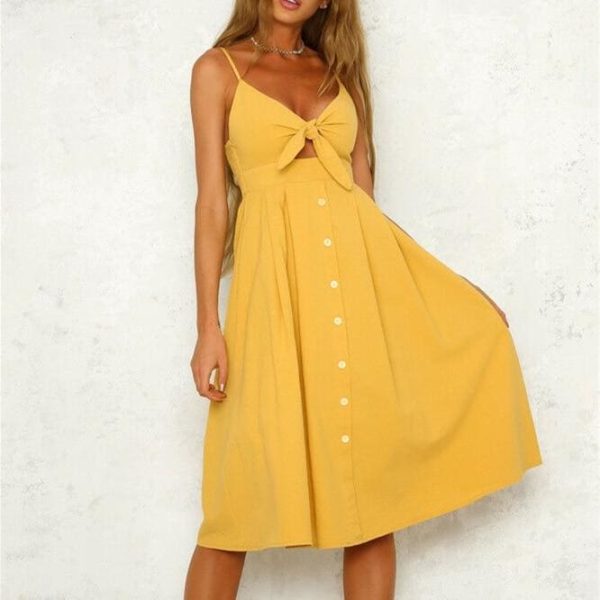 The Best Women's Boho Beach Summer Robe Femme Single Breasted Elegant Dress Holiday Vacation Sundress Ladies Casual Yellow Dresses Online - Hplify