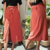 The Best Women's Boho Elastic High Waist Front Slit Skirt Maxi Button Bandage Casual Solid Color Skirt Fashion Summer Clothes Online - Hplify