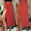 The Best Women's Boho Elastic High Waist Front Slit Skirt Maxi Button Bandage Casual Solid Color Skirt Fashion Summer Clothes Online - Hplify