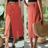 The Best Women's Boho Elastic High Waist Front Slit Skirt Maxi Button Bandage Casual Solid Color Skirt Fashion Summer Clothes Online - Hplify
