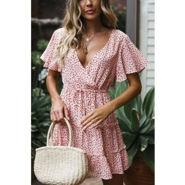 The Best Women's Boho Floral Short Sleeve Dress Ladies Summer Party Beach V-Neck Casual Short Mini Dress Sundress Online - Hplify