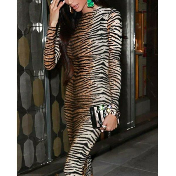 The Best Women's Boho Shirt Dress Long Sleeve Casual Evening Party Slim Fashion Tiger Stripes Bodycon Long Sleeve Dress Online - Hplify