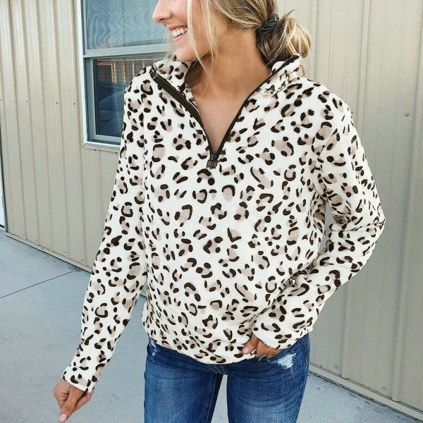 The Best Women's Casual Hoodie Sweatshirt Leopard Long Sleeve Pullover Hoody Jumper Fashion Zipper V Neck Winter Warm Tops Online - Hplify