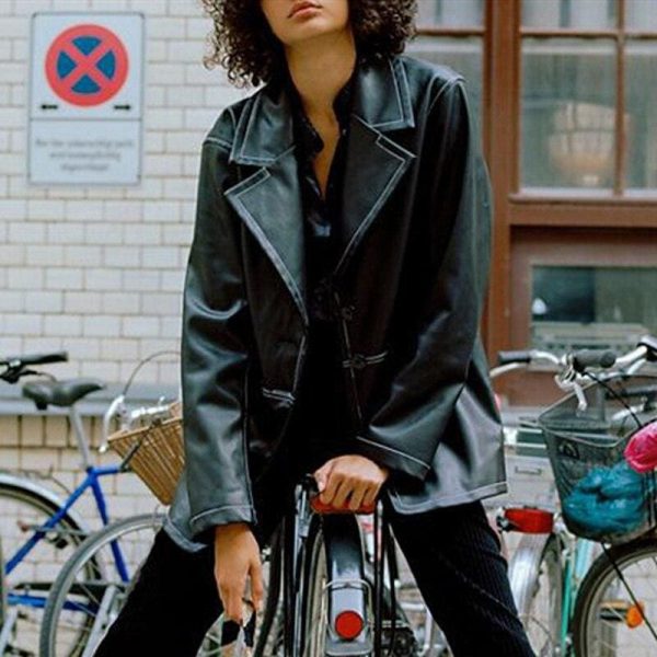 The Best Women's Cool Lapel Leather Jacket Motorcycle Biker Flight Coat Buttons Street Hipster Classi Jacket Outwear Top Online - Hplify