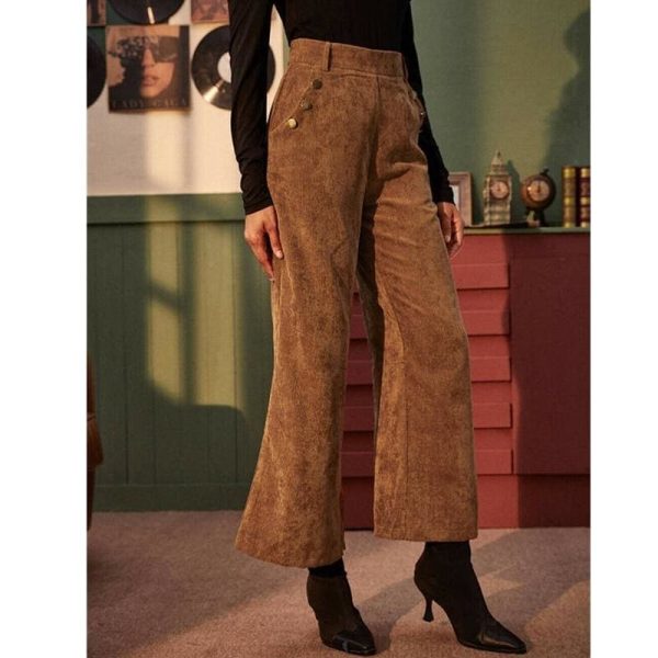 The Best Women's Corduroy Wide-Leg Trousers High Waist Straight Loose Casual Straight Long Bell-bottom Pants Online - Hplify