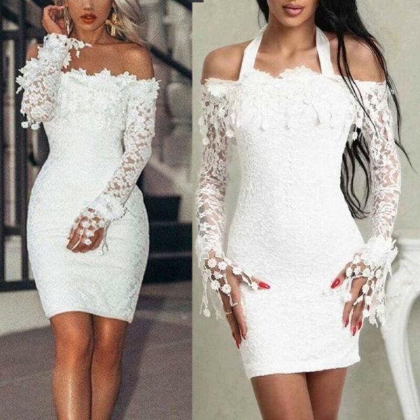 The Best Women's Elegant Sexy Lace Off Shoulder Floral Dress Special Occasion Bodycon Slim Dress Lady Casual Party Short Mini Dress Online - Hplify