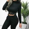 The Best Women's High Collar Lace Crop Tops T-Shirt Laies Stretch Casual Long Sleeve Knit Slim Fit Top Online - Hplify