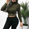 The Best Women's High Collar Lace Crop Tops T-Shirt Laies Stretch Casual Long Sleeve Knit Slim Fit Top Online - Hplify
