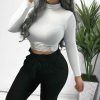 The Best Women's High Collar Lace Crop Tops T-Shirt Laies Stretch Casual Long Sleeve Knit Slim Fit Top Online - Hplify