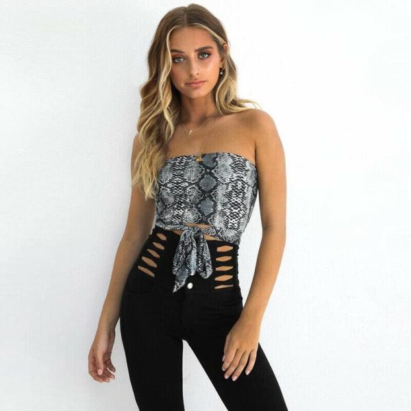 The Best Women's Off Shoulder Snake Print Front Tie Bow Bandage Crop Top Veast Sexy Ladies Wrapped Tube Cami Top Online - Hplify