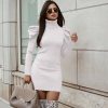 The Best Women's Puff Long Sleeve Ribbed Dress OL Ladies High Neck Bodycon Casual Knitted Sweater Mini Dresses Online - Hplify
