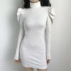 The Best Women's Puff Long Sleeve Ribbed Dress OL Ladies High Neck Bodycon Casual Knitted Sweater Mini Dresses Online - Hplify