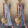 The Best Women's Sleeveless V-neck Striped Hem Baggy Kaftan Ladies Casual Loose Maxi Long Dress Sundress Online - Hplify