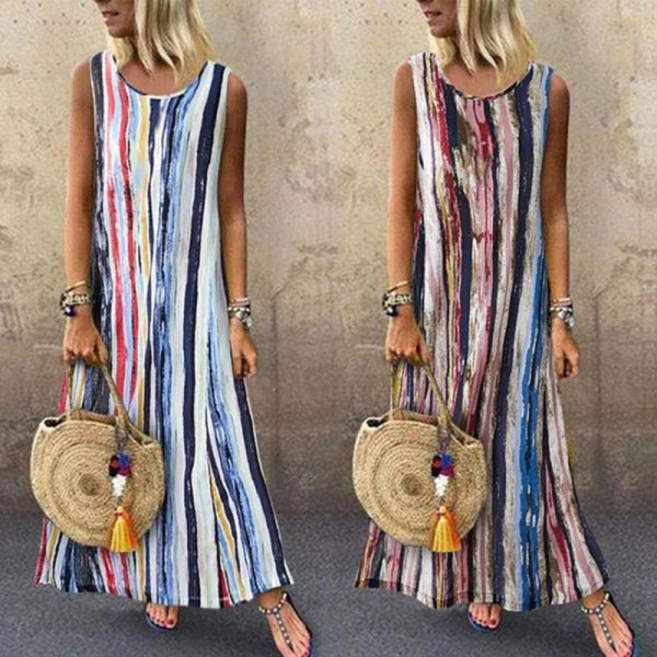 The Best Women's Sleeveless V-neck Striped Hem Baggy Kaftan Ladies Casual Loose Maxi Long Dress Sundress Online - Hplify