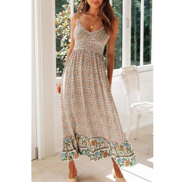 The Best Women's Sling Floral Long Dresses Summer Boho V-Neck Sleeveless Holiday Party Beach Maxi Dress Online - Hplify