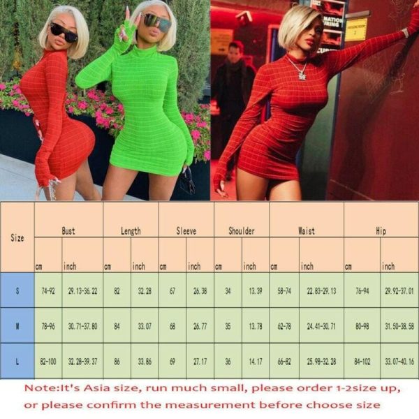The Best Women's Stretch Long Sleeve Plaid High Neck Bodycon Dress Autumn Ladies Clubwear Party Club Short Mini Dress Online - Hplify