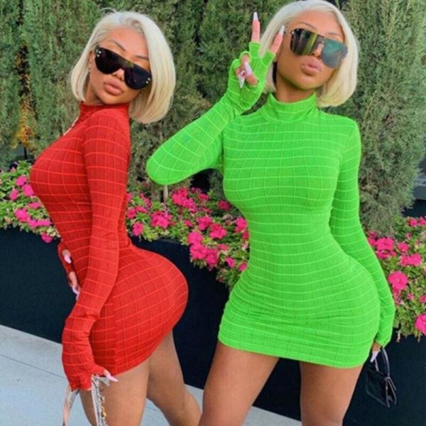 The Best Women's Stretch Long Sleeve Plaid High Neck Bodycon Dress Autumn Ladies Clubwear Party Club Short Mini Dress Online - Hplify