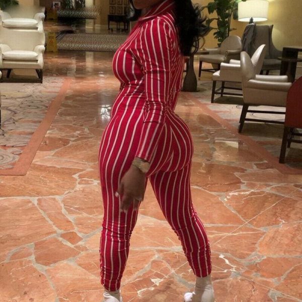 The Best Women's Stripe Long Sleeve Long Pant Jumpsuit Ladies V neck Summer Clubwear Casual Romper Trouser Playsuit Online - Hplify