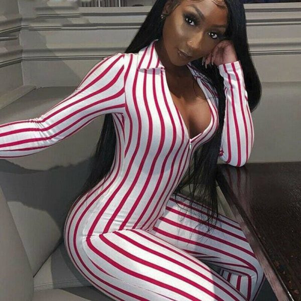 The Best Women's Stripe Long Sleeve Long Pant Jumpsuit Ladies V neck Summer Clubwear Casual Romper Trouser Playsuit Online - Hplify