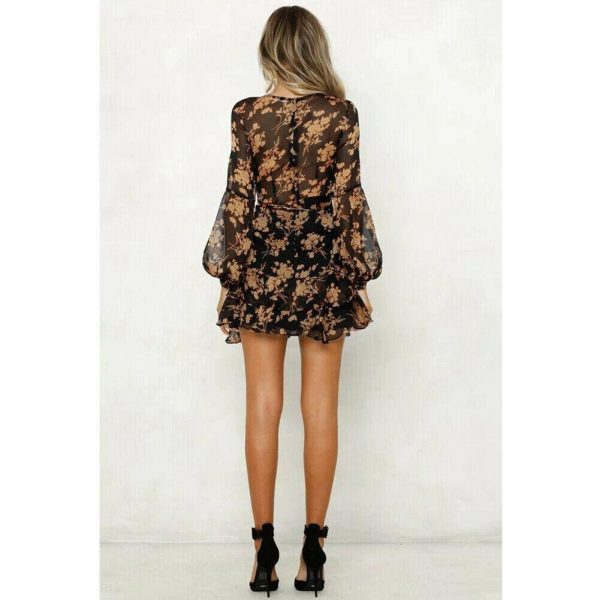 The Best Women's Summer Boho Floral Short Mini Dress Ladies Long Sleeve V Neck Holiday Party Beach Dress Sundress Online - Hplify