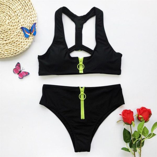 The Best Zipper Fly High Waist Bikini Set Women Swimwear 2020 Love Printed Striped Push Up Swimming Suit Padded Bathing Sui Online - Hplify