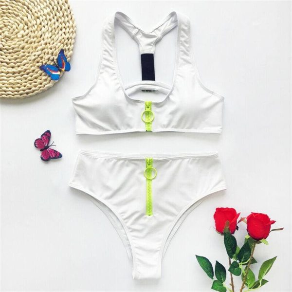 The Best Zipper Fly High Waist Bikini Set Women Swimwear 2020 Love Printed Striped Push Up Swimming Suit Padded Bathing Sui Online - Hplify