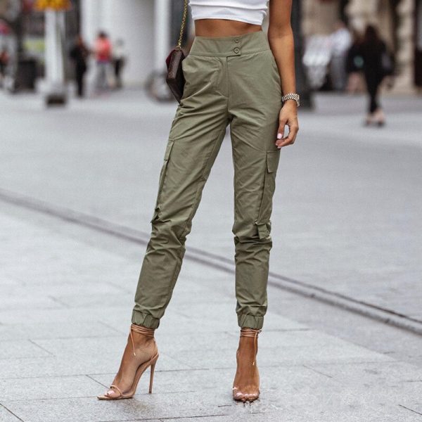 Women Casual Cargo Pants Stylish Slim Fit Trousers with High Waist and Buttoned Pockets