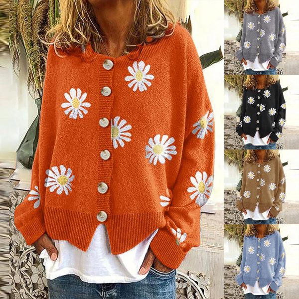 Women Daisy Knitted Sweater Autumn Winter Thick Warm Cropped Sweater