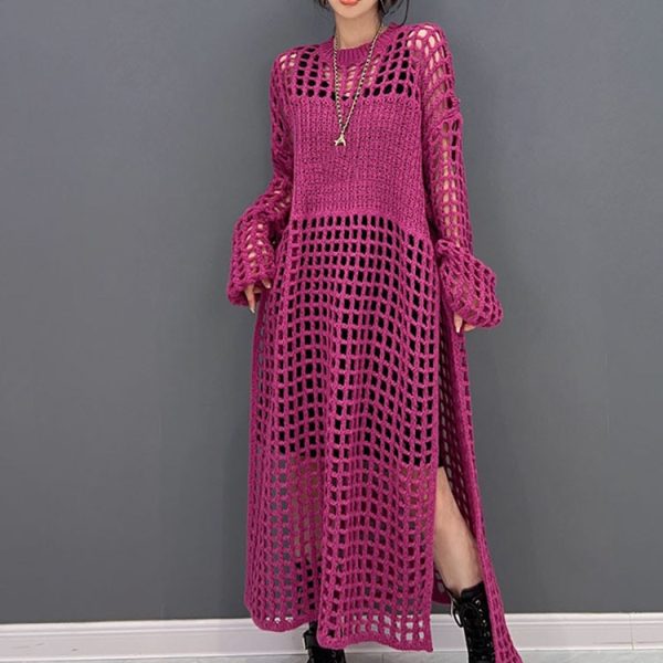 Solid Color Knitting Dress Loose Casual Temperament Hollow Out Sweater