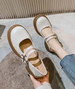 Women Leather Mary Jane Shoes Middle Heel Casual Shoes