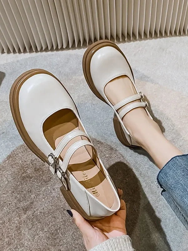Women Leather Mary Jane Shoes Middle Heel  Casual Shoes