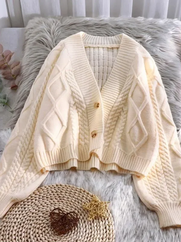 Women Short High Waist Sweater Single-breasted Knit Cardigan Top