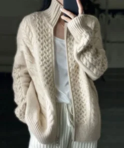 Womens Thick Cashmere Turtleneck Zipper Cardigan Knitwear